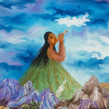 cropped section of Rita Moran artwork "Song of Nature" - A figure on par with mountain plays a musical instrument